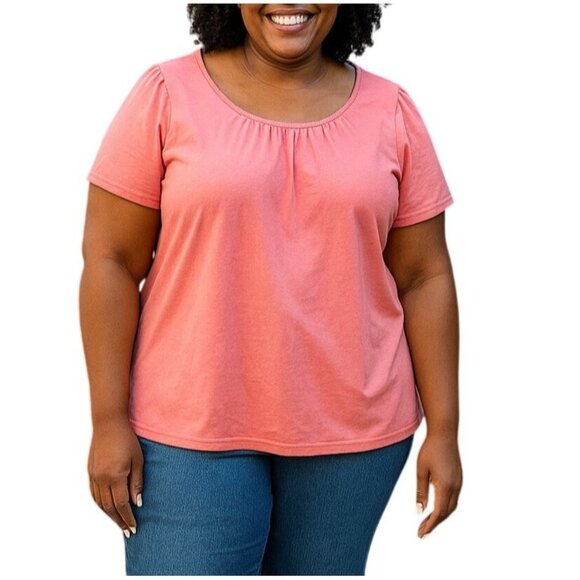 Basic Editions Plus-Size Top 2X Coral Pink Scoop Neck Short Sleeve - Picture 1 of 9